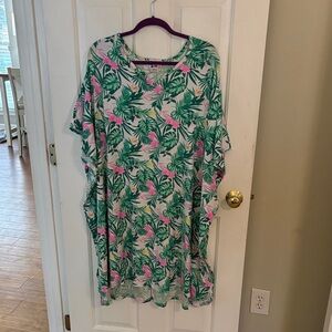 Tropical Palm Print V-Neck Tunic Dress - Green & Pink